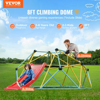 Climbing Dome, for Kids 3 to 9 Years Old, 8FT Geometric Dome Climber with Slide,Jungle Gym Supports 600LBS and Easy Assembly, with Climbing Grip, Outdoor and Indoor Play Equipment for Kids