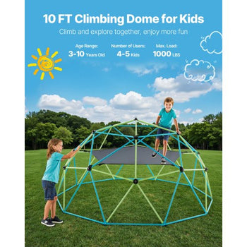 Climbing Dome, 10FT Geometric Dome Climber with Swing & Hammock, 1000LBS Loading Kid's Jungle Gym Playground, Easy-Assembly Outdoor Backyard Climbing Equipment for Boys Girls 3 to 10 Years Old