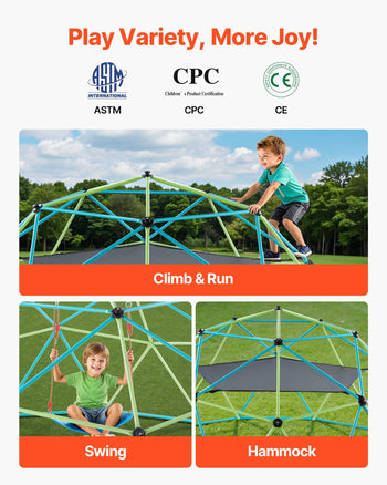 Climbing Dome, 10FT Geometric Dome Climber with Swing & Hammock, 1000LBS Loading Kid's Jungle Gym Playground, Easy-Assembly Outdoor Backyard Climbing Equipment for Boys Girls 3 to 10 Years Old
