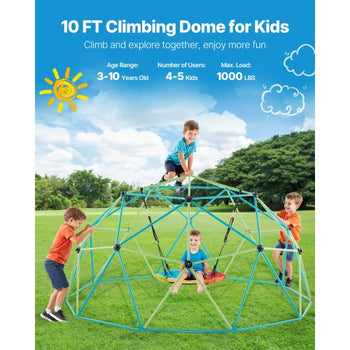 Climbing Dome, 10FT Geometric Dome Climber with Saucer Swing, 1000LBS Loading Kid's Jungle Gym Playground, Easy-Assembly Outdoor Backyard Climbing Equipment for Boys Girls 3 to 10 Years Old