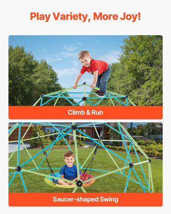 Climbing Dome, 10FT Geometric Dome Climber with Saucer Swing, 1000LBS Loading Kid's Jungle Gym Playground, Easy-Assembly Outdoor Backyard Climbing Equipment for Boys Girls 3 to 10 Years Old