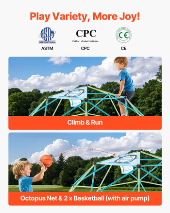 Climbing Dome, 10FT Geometric Dome Climber for Kids, 1000LBS Loading Jungle Gym Playground with Octopus Net & 2 Basketballs, Easy-Assembly Outdoor Backyard Climbing Toys - Gift for Boys Girls