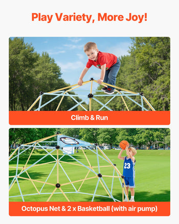 Climbing Dome, 10FT Geometric Dome Climber, 1000LBS Loading Jungle Gym Playground with 2 Basketballs & Octopus Net, Easy-Assembly Outdoor Backyard Climbing Equipment for Kids 3 to 10 Years Old
