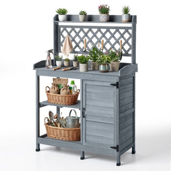 Potting Bench Table, Outdoor Gardening Wooden Workstation with Storage Cabinet, Storage Shelves, 43 x 18 in Wood Tabletop, Garden Planting Work Station for Patio, Backyard, Balcony, Gray