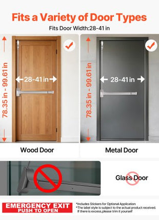 Push Bar Panic Exit Device, 28" Stainless Steel Commercial Panic Bar for Exit Doors, Emergency Exit Door Hardware with Vertical Top Rod and Sticker, for 28"-41" Wood or Metal Door, Silver