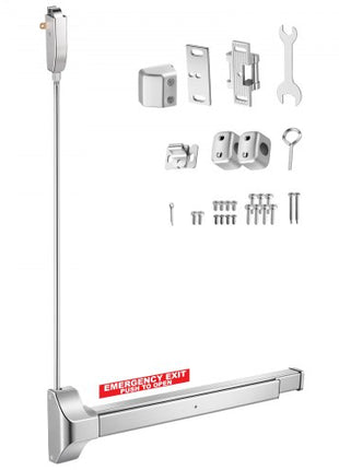 Push Bar Panic Exit Device, 28" Stainless Steel Commercial Panic Bar for Exit Doors, Emergency Exit Door Hardware with Vertical Top Rod and Sticker, for 28"-41" Wood or Metal Door, Silver