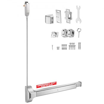 Push Bar Panic Exit Device, 28" Stainless Steel Commercial Panic Bar for Exit Doors, Emergency Exit Door Hardware with Vertical Top Rod and Sticker, for 28"-41" Wood or Metal Door, Silver