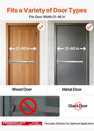 Push Bar Panic Exit Device, 31" Stainless Steel Commercial Panic Bar for Exit Doors, Emergency Exit Door Hardware with Auto Alarm System and Sticker, for 31"-46" Wood or Metal Door, Silver