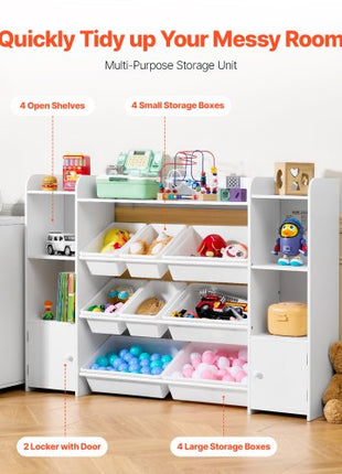 Kids Toy Storage and Bookshelf, 4-Tier Large Toy Storage Organizer with 8 Flexible Plastic Bins, Kids Cubby Cabinet with Bookshelf for Study Room, Bedroom, Playroom, Classroom, Nursery, White