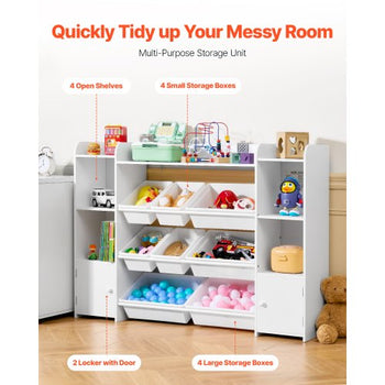 Kids Toy Storage and Bookshelf, 4-Tier Large Toy Storage Organizer with 8 Flexible Plastic Bins, Kids Cubby Cabinet with Bookshelf for Study Room, Bedroom, Playroom, Classroom, Nursery, White