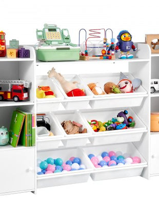 Kids Toy Storage and Bookshelf, 4-Tier Large Toy Storage Organizer with 8 Flexible Plastic Bins, Kids Cubby Cabinet with Bookshelf for Study Room, Bedroom, Playroom, Classroom, Nursery, White