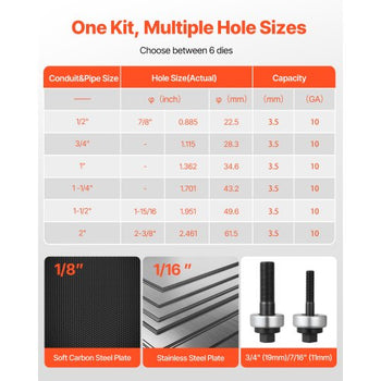 Knockout Punch Set, 1/2 to 2 inch SLUG-Buster Ratchet Knockout Set, Ratchet Wrench Knockouts Punch Sets for Aluminum, Mild steel, Fiberglass, Plastics, 6 Die Sizes, 40Cr Steel Ko Tool Kit