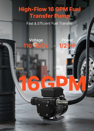 Fuel Transfer Pump 110V, 16 GPM 60 L/min, AC Electric Oil Transfer Pump for Diesel Kerosene Biodiesel, with Auto Fuel Nozzle & 2 Hoses, 45 ft/13.7 m Max Lift, for Vehicles, Construction Sites