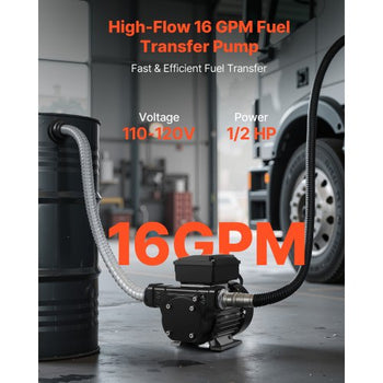 Fuel Transfer Pump 110V, 16 GPM 60 L/min, AC Electric Oil Transfer Pump for Diesel Kerosene Biodiesel, with Auto Fuel Nozzle & 2 Hoses, 45 ft/13.7 m Max Lift, for Vehicles, Construction Sites