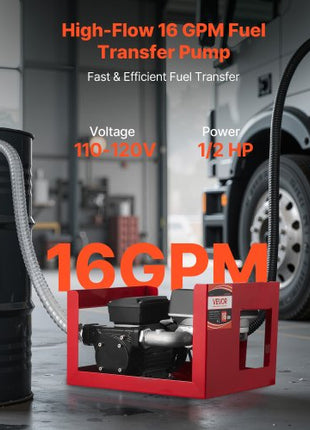 Fuel Transfer Pump 110V, 16 GPM 60 L/min, AC Electric Oil Transfer Pump for Diesel Kerosene Biodiesel, with Meter, Auto Fuel Nozzle & 2 Hoses, 45 ft/13.7 m Lift, for Vehicles, Construction Sites