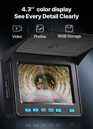 Sewer Camera, 98 ft/30m, 4.3" Drain Inspection Camera, IP68 Waterproof Snake Plumbing Camera with Lights - 6 Adjustable LEDs, 4500mAh Battery & 16GB Card for Sewer Line Duct Pipes