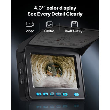 Sewer Camera, 98 ft/30m, 4.3" Drain Inspection Camera, IP68 Waterproof Snake Plumbing Camera with Lights - 6 Adjustable LEDs, 4500mAh Battery & 16GB Card for Sewer Line Duct Pipes