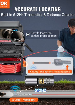 Sewer Camera, 165 ft/50m, Self-Leveling Drain Camera with 10.1" Touchscreen, 512Hz Transmitter & Distance Counter, IP67 Snake Plumbing Camera with Lights-12 LED, 32GB Card for Duct Pipe