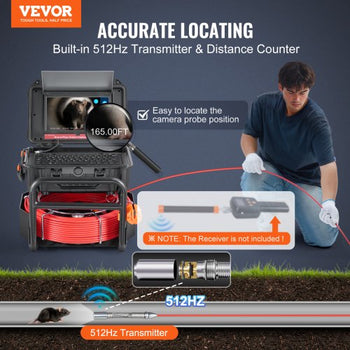 Sewer Camera, 165 ft/50m, Self-Leveling Drain Camera with 10.1" Touchscreen, 512Hz Transmitter & Distance Counter, IP67 Snake Plumbing Camera with Lights-12 LED, 32GB Card for Duct Pipe