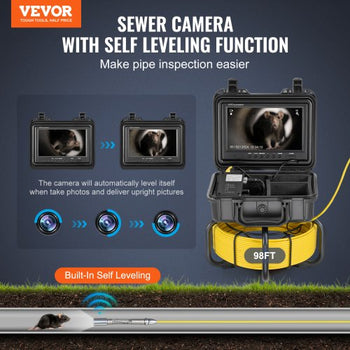 Sewer Camera, 98 ft/30m, Self-Leveling Drain Inspection Camera with 9" 1080P HD Screen, 36X Zoom, IP68 Waterproof Plumbing Camera with Lights-12 LED, 32GB Card Snake Camera for Duct Pipe