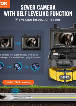 Sewer Camera, 165 ft/50m, Self-Leveling Pipeline Inspection Camera with 9" 1080P HD Screen, 36X Zoom, IP68 Waterproof Plumbing Camera with Lights-12 LED, 32GB Card Snake Camera for Duct Pipe