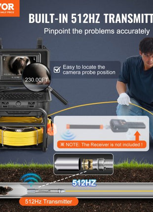Sewer Camera, 230 ft/70m, Self-Leveling Drain Camera with 512Hz Transmitter, Distance Counter, 9" Screen 1080P HD Snake Plumbing Camera with Light-12 LED & 32GB Card for Duct Pipe