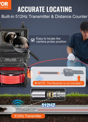 Sewer Camera, 98 ft/30m, Self-Leveling Drain Camera with 512Hz Transmitter, Distance Counter, 9" Screen 1080P HD Snake Plumbing Camera with Light-12 LED & 32GB Card for Duct Pipe