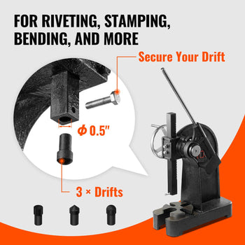 Black metal rivet tool with three interchangeable drifts, designed for riveting, bending, and stamping.