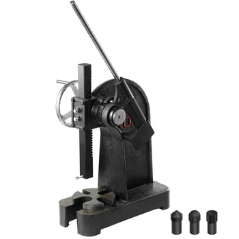 Black heavy-duty metal tube bender with adjustable handle and three interchangeable dies for precise bends.