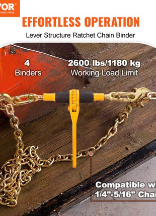 Ratchet Chain Binders, 1/4"-5/16", 2600 lbs Safe Working Load, 4 Pack Load Binder with 2 Grab Hooks, Tie Downs for Transport Chain, Heavy Duty Tow Chain Ratchet Binders for Flatbed Truck Trailer
