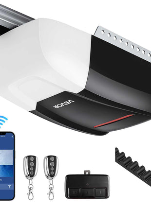 Garage Door Opener 1/2 HP Ultra-Quiet Belt Drive WiFi Smart Opener, for Residential Garage, Includes Durable Rail, 3 Remotes, Smartphone App Control, Obstacle Sensor & LED Light, Black & White