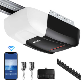 Garage Door Opener 1/2 HP Ultra-Quiet Belt Drive WiFi Smart Opener, for Residential Garage, Includes Durable Rail, 3 Remotes, Smartphone App Control, Obstacle Sensor & LED Light, Black & White