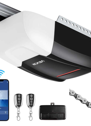 Garage Door Opener 1/2 HP Heavy Duty Chain Drive WiFi Smart Opener, for Residential Garage, Includes Durable Rail, 3 Remotes, Smartphone App Control, Obstacle Sensor & LED Light, Black & White