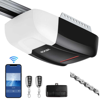 Garage Door Opener 1/2 HP Heavy Duty Chain Drive WiFi Smart Opener, for Residential Garage, Includes Durable Rail, 3 Remotes, Smartphone App Control, Obstacle Sensor & LED Light, Black & White