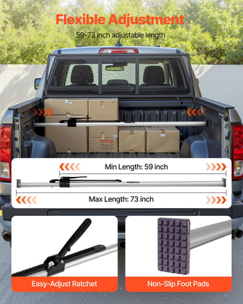 Cargo Bar, Cargo Bar Adjustable from 59" to 73", Heavy-duty Steel Cargos Stabilizer with Non-Slip Foot Pads, Telescoping Load Lock Bars Stop Sliding for Pickup Truck