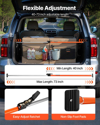 Cargo Bar, Cargo Bar Adjustable from 40" to 73", Heavy-duty Steel Cargos Stabilizer with Storage Net & Non-Slip Foot Pads, Telescoping Load Lock Bars Stop Sliding for SUVs, Sedans