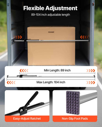 Cargo Bar, Cargo Bar Adjustable from 89" to 104", Heavy-duty Steel Cargos Stabilizer with Non-Slip Foot Pads, Truck Bed Load Lock Bars for Box Trucks, Semi-Trailers, Trailers (2PCS)