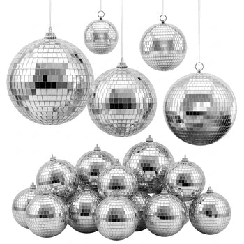Mirror Disco Ball 3.2" 4" 6" 8" 12" 17-Pack Balls with Hanging Ring, for Party Home Decoration Stage Props DJ Dance Club, 2 Mirror Tile Sizes, Reflects Light, Wedding Birthday Decor, Silver