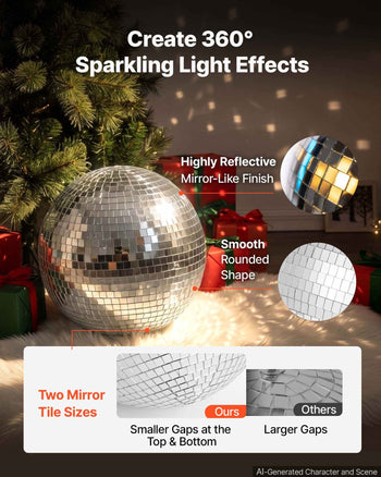 Mirror Disco Ball 12 Inch Silver Reflective Ball with Hanging Ring, for Party Home Decoration Stage Props DJ Dance Club, 2 Mirror Tile Sizes, Reflects Light, Large Wedding Music Birthday Decor