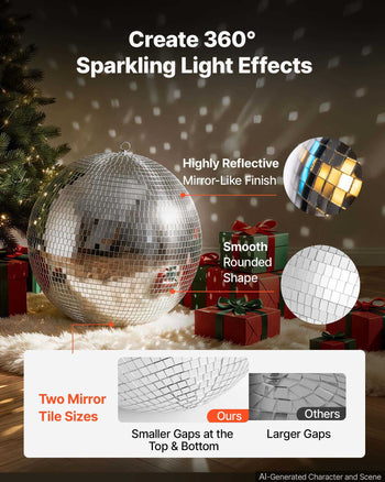 Mirror Disco Ball 20 Inch Silver Reflective Ball with Hanging Ring, for Party Home Decoration Stage Props DJ Dance Club, 2 Mirror Tile Sizes, Reflects Light, Large Wedding Music Birthday Decor