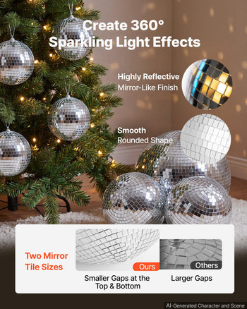 Mirror Disco Ball 4" 6" 8" 8-Pack Silver Balls with Hanging Ring, for Party Home Decoration Stage Props DJ Dance Club, 2 Mirror Tile Sizes, Reflects Light, Large Wedding Music Birthday Decor