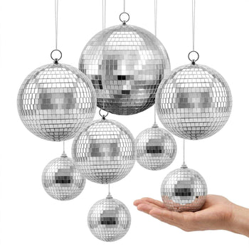 Mirror Disco Ball 4" 6" 8" 8-Pack Silver Balls with Hanging Ring, for Party Home Decoration Stage Props DJ Dance Club, 2 Mirror Tile Sizes, Reflects Light, Large Wedding Music Birthday Decor