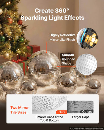 Mirror Disco Ball 4" 6" 8" 12" 8-Pack Silver Balls with Hanging Ring, for Party Home Decoration Stage Props DJ Dance Club, 2 Mirror Tile Sizes, Reflects Light, Wedding Music and Birthday Decor