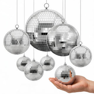 Mirror Disco Ball 4" 6" 8" 12" 8-Pack Silver Balls with Hanging Ring, for Party Home Decoration Stage Props DJ Dance Club, 2 Mirror Tile Sizes, Reflects Light, Wedding Music and Birthday Decor