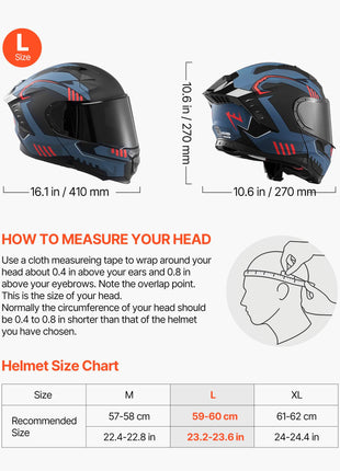 Modular Motorcycle Helmet, Flip up Full Face Helmet with Dual Visor, Lightweight Comfortable Adult Motocross Street Bike Helmet for Men and Women - DOT & ECE Approved (L Size)