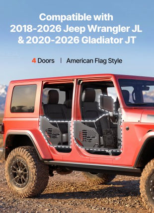 Jeep Tube Doors, 4-Door, Fit for 2018-2026 Jeep Wrangler JL & 2020-2026 Gladiator JT, Flag Pattern Off Road Front & Rear Tubular Half Doors with DOT Certified Side View Mirrors and Storage Bag