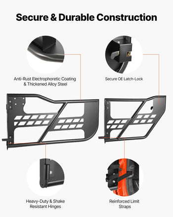Jeep Tube Doors, 4-Door, Compatible with 2007-2018 Jeep Wrangler JK JKU Unlimited, Steel Off Road Front & Rear Tubular Half Doors with Storage Bag, Rubber Pads, Heavy-Duty Hinges and OE Latch