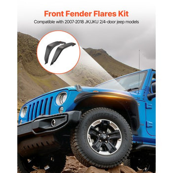Fender Flare, Front Fender Flares Compatible with 2007-2018 Jeep JK/JKU 2/4 Doors, Off-Road Steel Liner Set with LED Lighting, Fenders for Jeep JK, Fine-Textured Black Paintable Wheel Flares Set