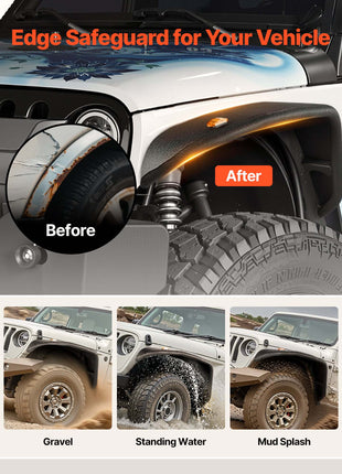Fender Flare, Front Fender Flares Compatible with 2007-2018 Jeep JK/JKU 2/4 Doors, Off-Road Steel Liner Set with LED Lighting, Fenders for Jeep JK, Fine-Textured Black Paintable Wheel Flares Set
