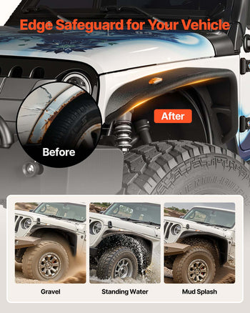 Fender Flare, Front Fender Flares Compatible with 2007-2018 Jeep JK/JKU 2/4 Doors, Off-Road Steel Liner Set with LED Lighting, Fenders for Jeep JK, Fine-Textured Black Paintable Wheel Flares Set